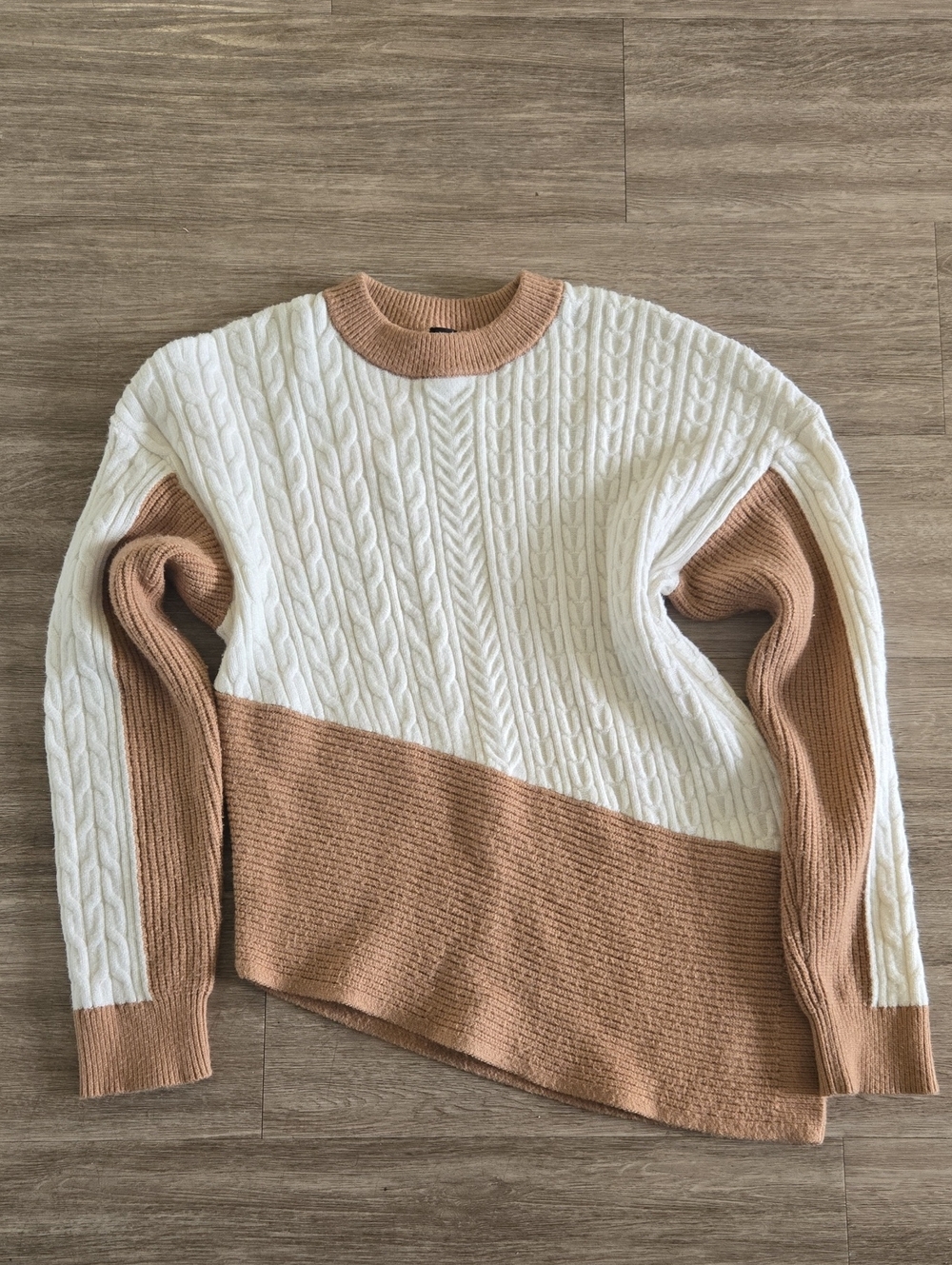 Express Colorblock Cable Knit Sweater - Cream & Tan